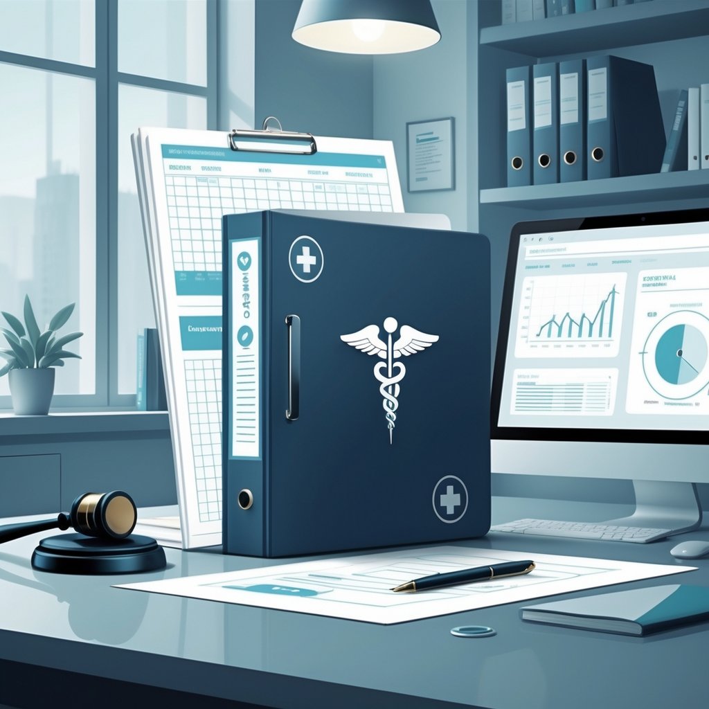 A medical file folder on a desk surrounded by legal and medical items including a gavel, medical charts, a pen, and a digital tablet, set in a professional office.