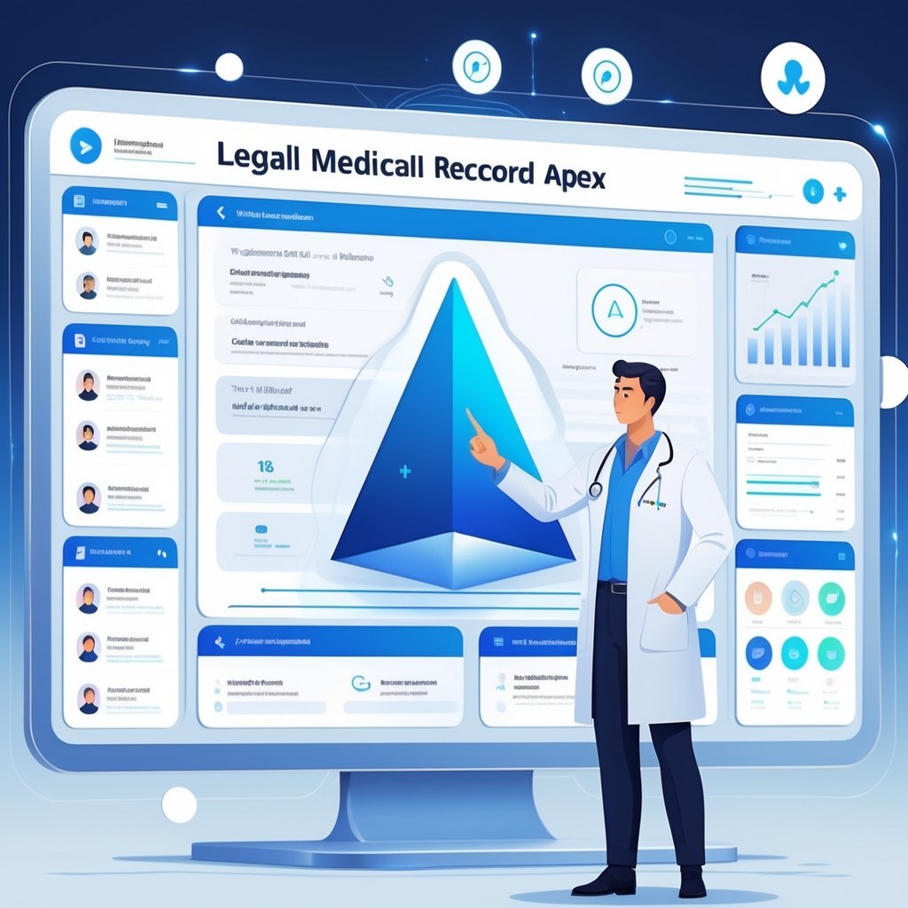 A medical professional interacting with a large digital medical record interface showing various sections and a highlighted apex symbol, with icons representing law and medicine in the background.