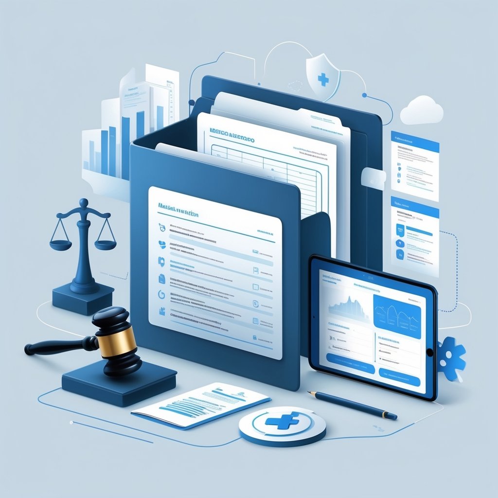 An organized workspace with an open medical record folder surrounded by a gavel, stethoscope, scales of justice, and a digital tablet, symbolizing the components of a legal medical record apex.