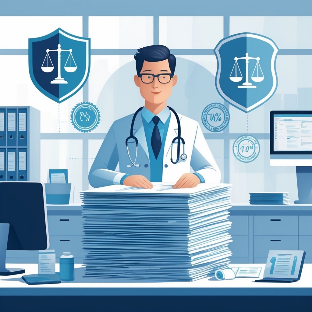A healthcare professional reviewing medical documents at a desk with symbols of legal scales, a shield, and official seals in a hospital setting.