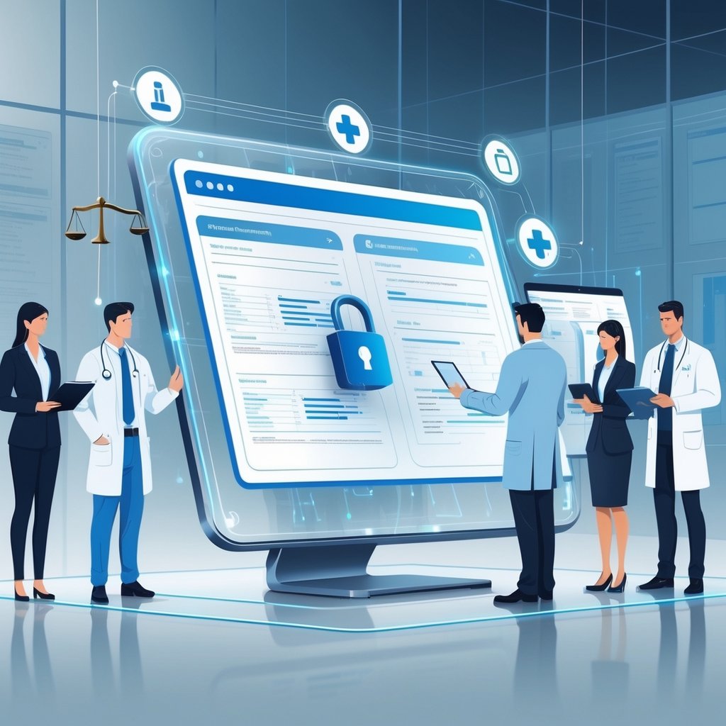 A group of professionals reviewing digital medical records on a transparent touchscreen with legal and medical icons around them in a modern office.