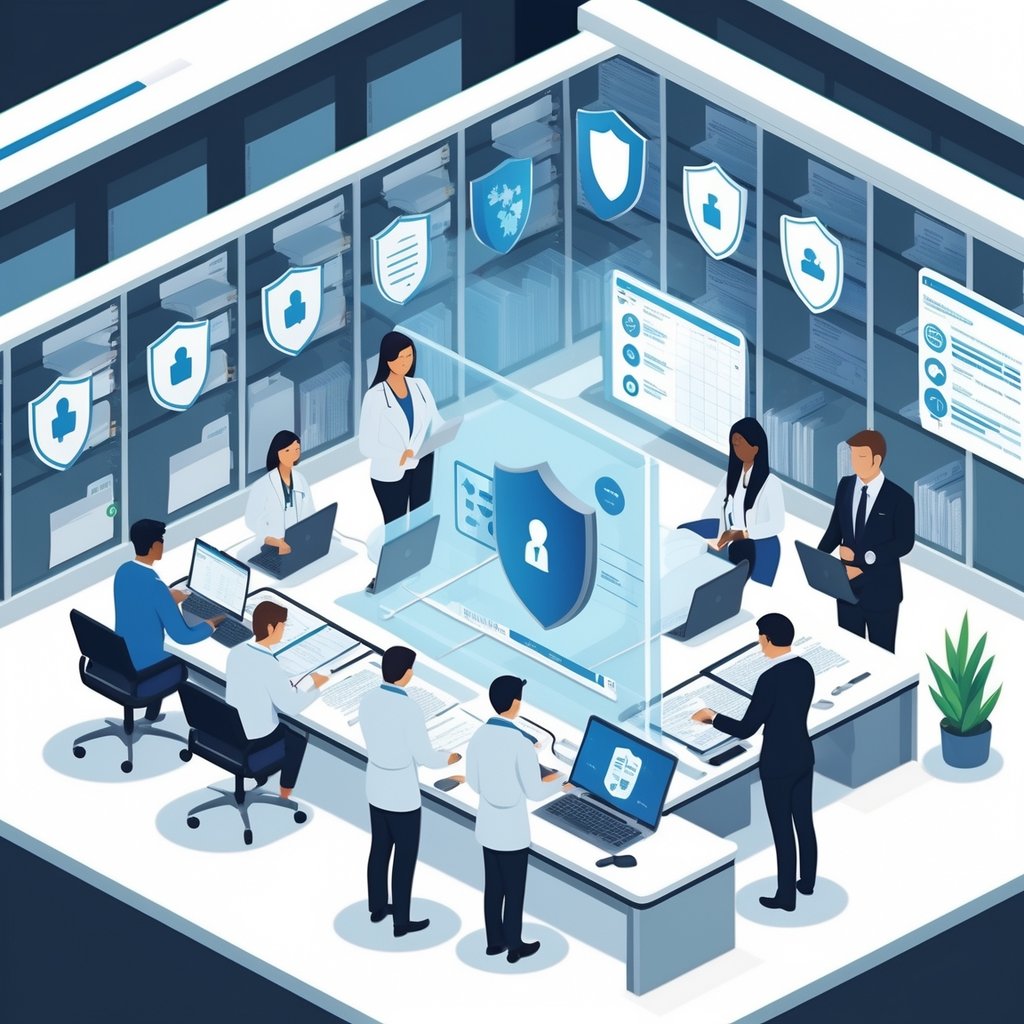 A secure medical records room with healthcare and legal professionals reviewing documents and digital data, highlighting privacy and policy procedures.