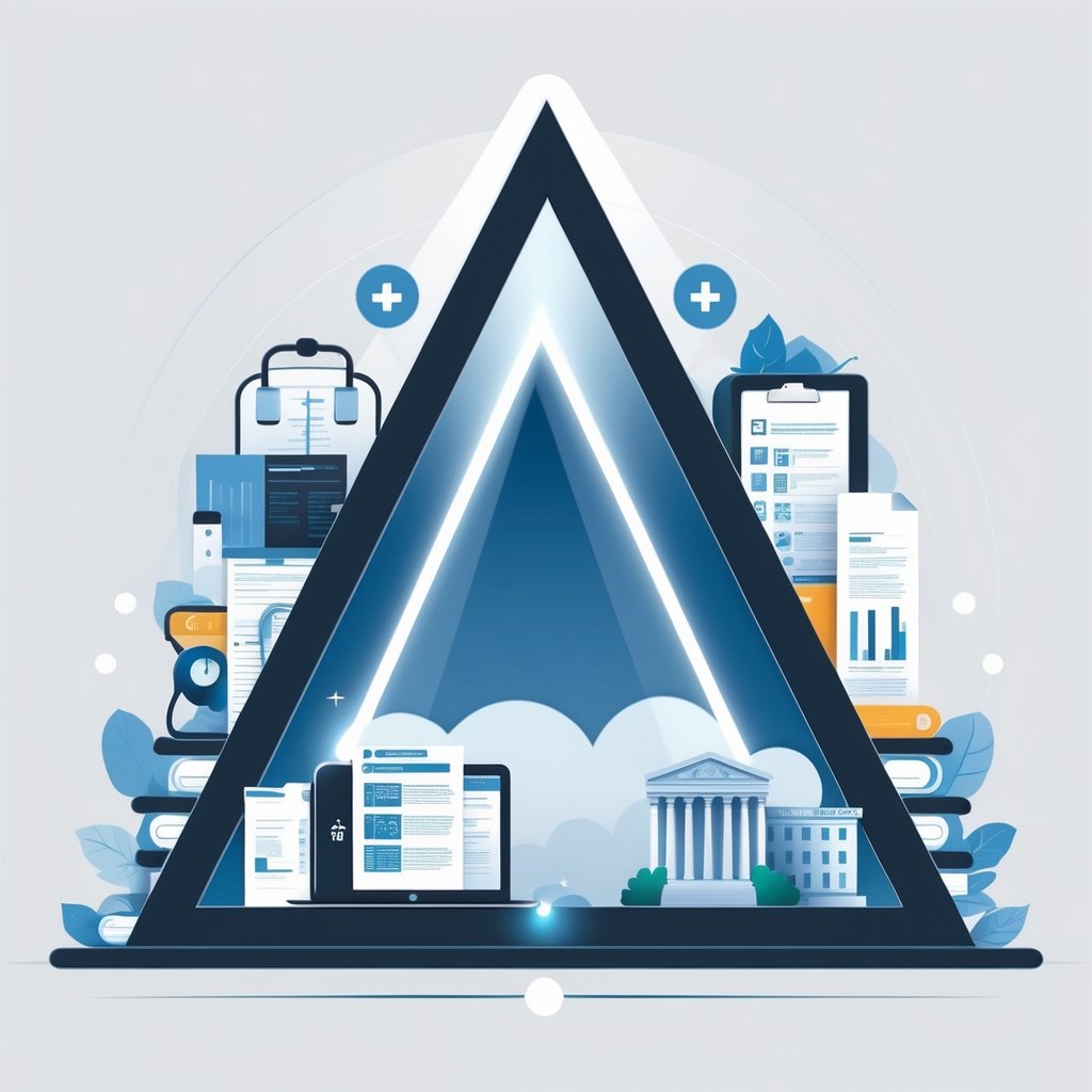 A central medical record at the peak of a triangular structure connecting healthcare symbols on one side and legal symbols on the other, representing the importance of legal medical records in clinical and legal settings.