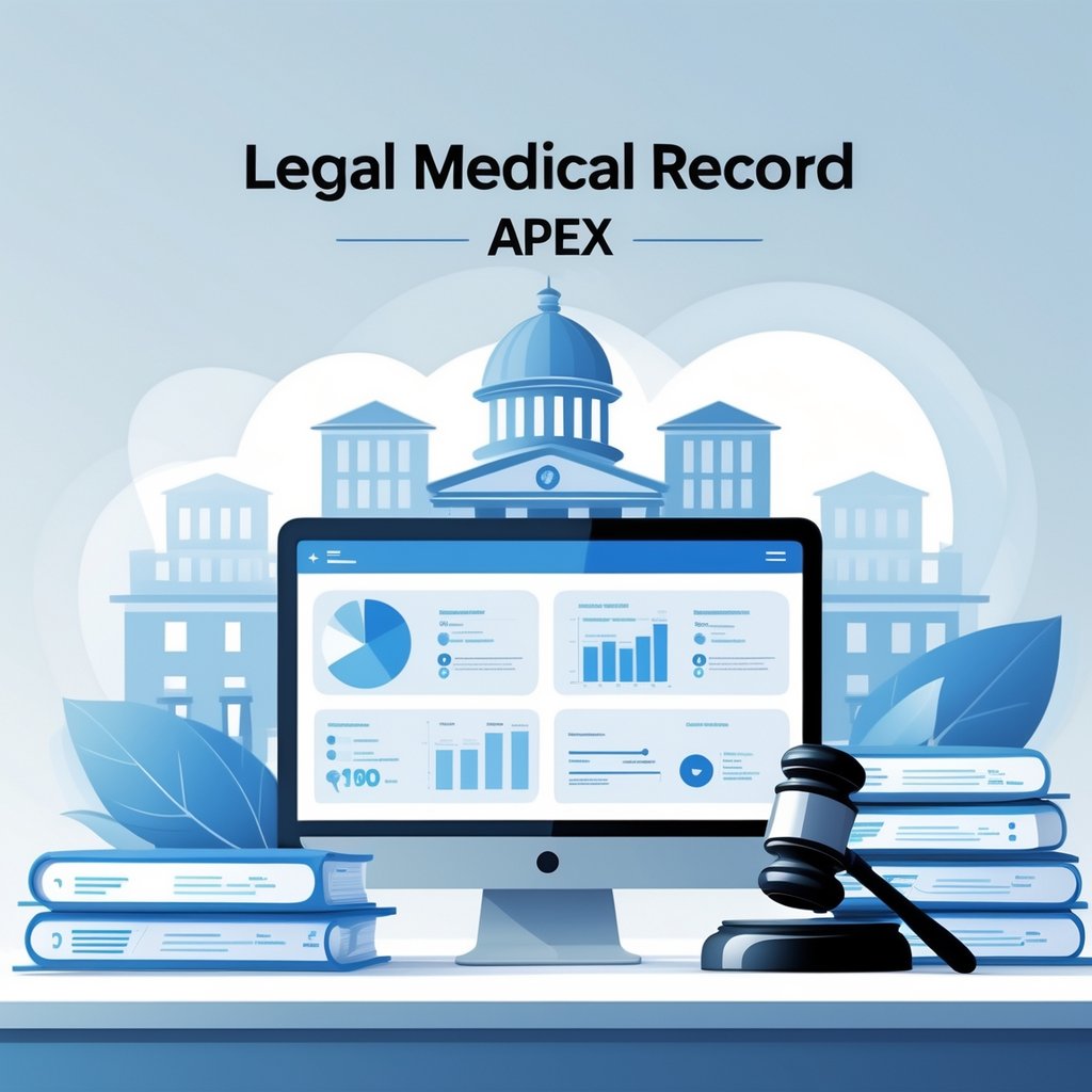 An office desk with medical documents, a digital tablet showing patient data, and a gavel, with a healthcare facility and courthouse faintly visible in the background.