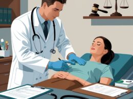 A doctor examining a patient in a clinical room with medical instruments and a subtle symbol of justice in the background.