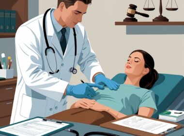 A doctor examining a patient in a clinical room with medical instruments and a subtle symbol of justice in the background.