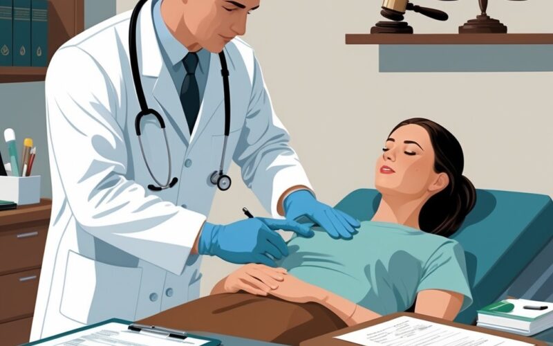 A doctor examining a patient in a clinical room with medical instruments and a subtle symbol of justice in the background.