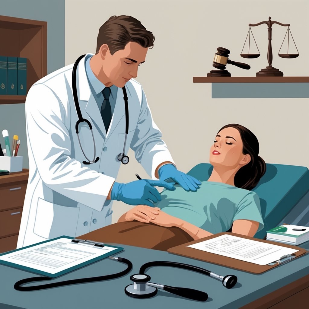 A doctor examining a patient in a clinical room with medical instruments and a subtle symbol of justice in the background.