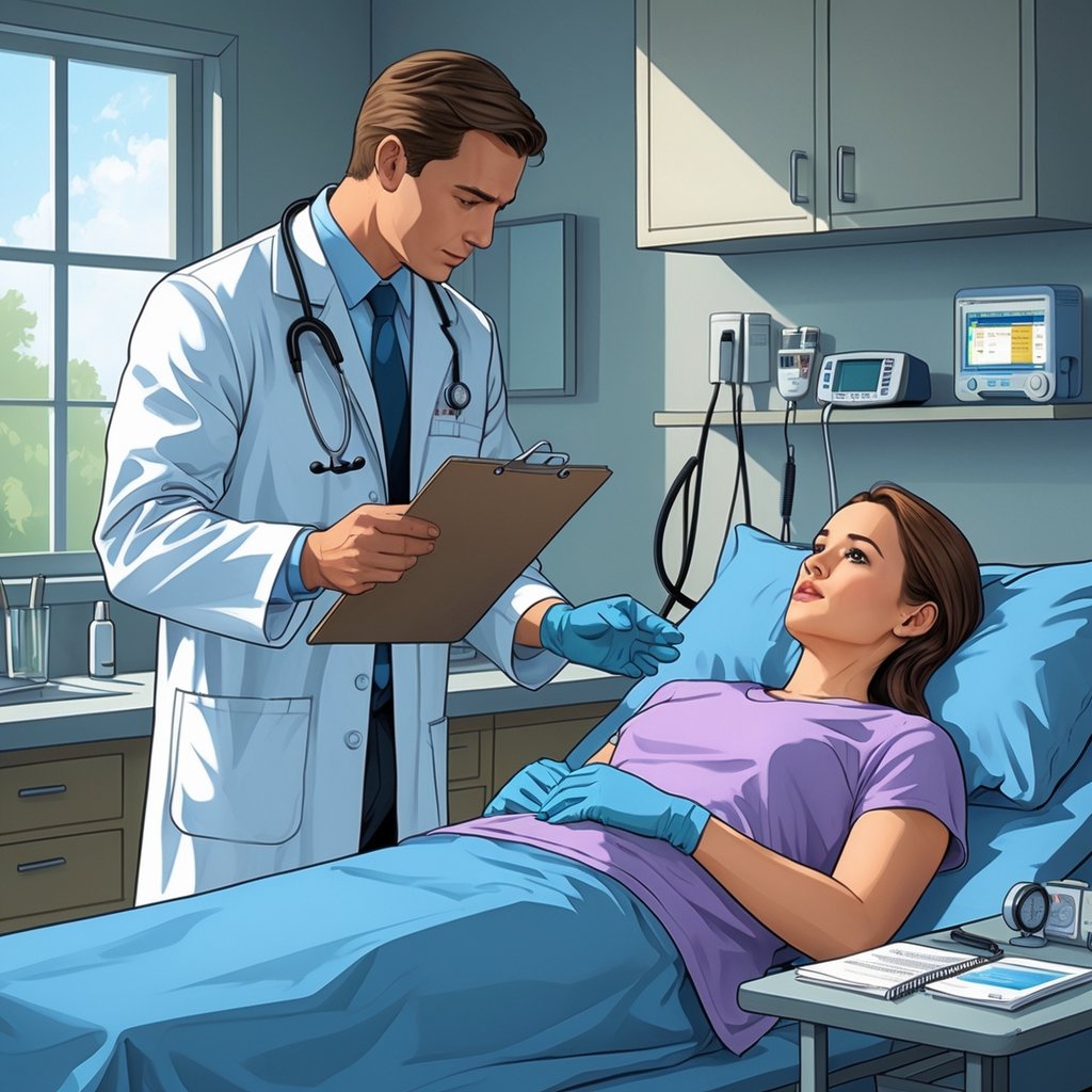 A doctor in a white coat examining a patient in a clinical room with medical instruments nearby.