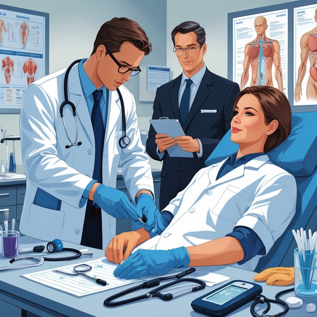 A medical professional examines a patient in a clinical room while a legal professional observes and takes notes.