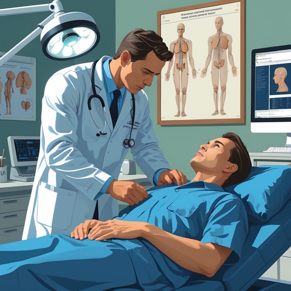 A medical professional examining a patient in a clinical room with medical equipment and charts in the background.