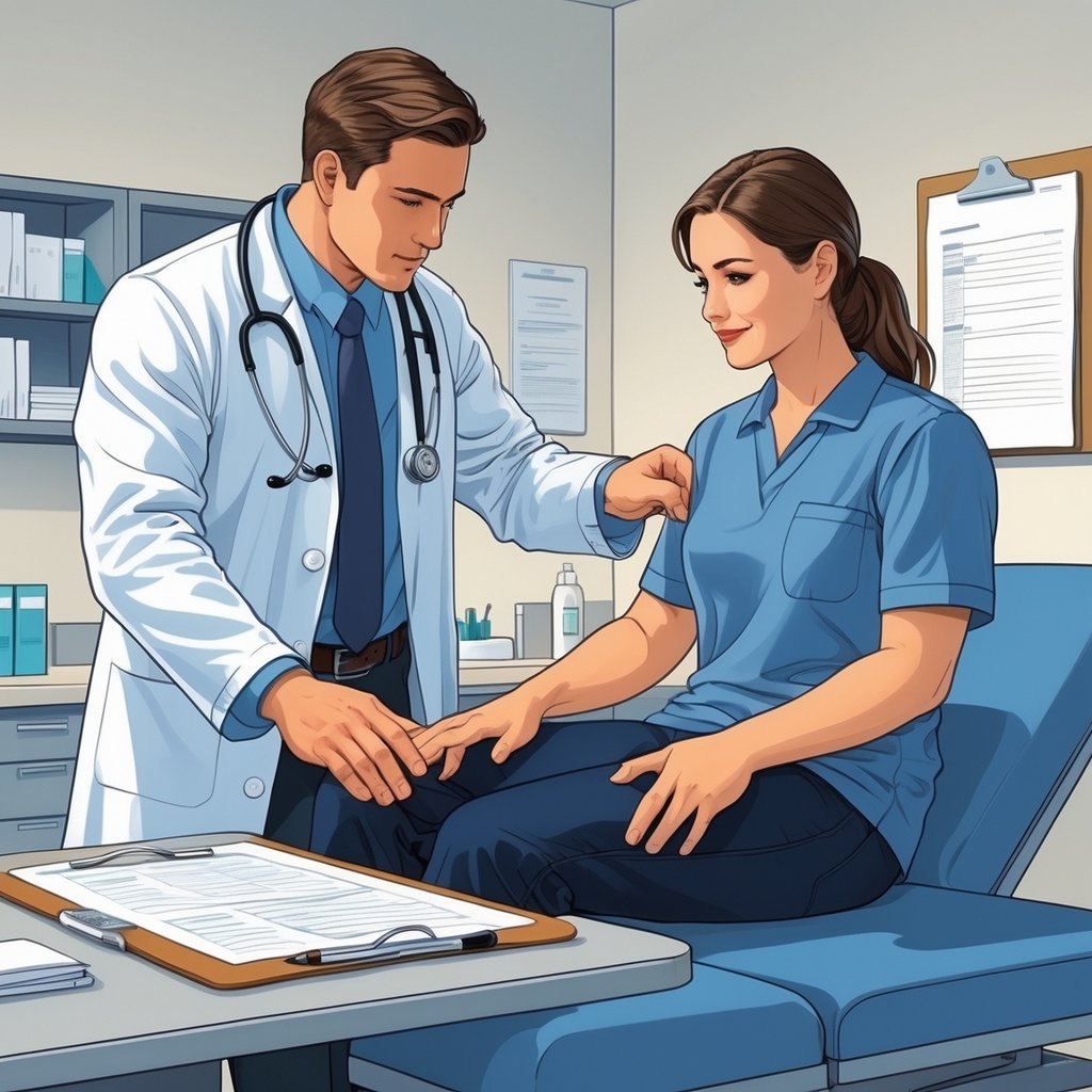 A doctor examines a worker in a medical office, with medical charts and legal documents on a desk nearby.