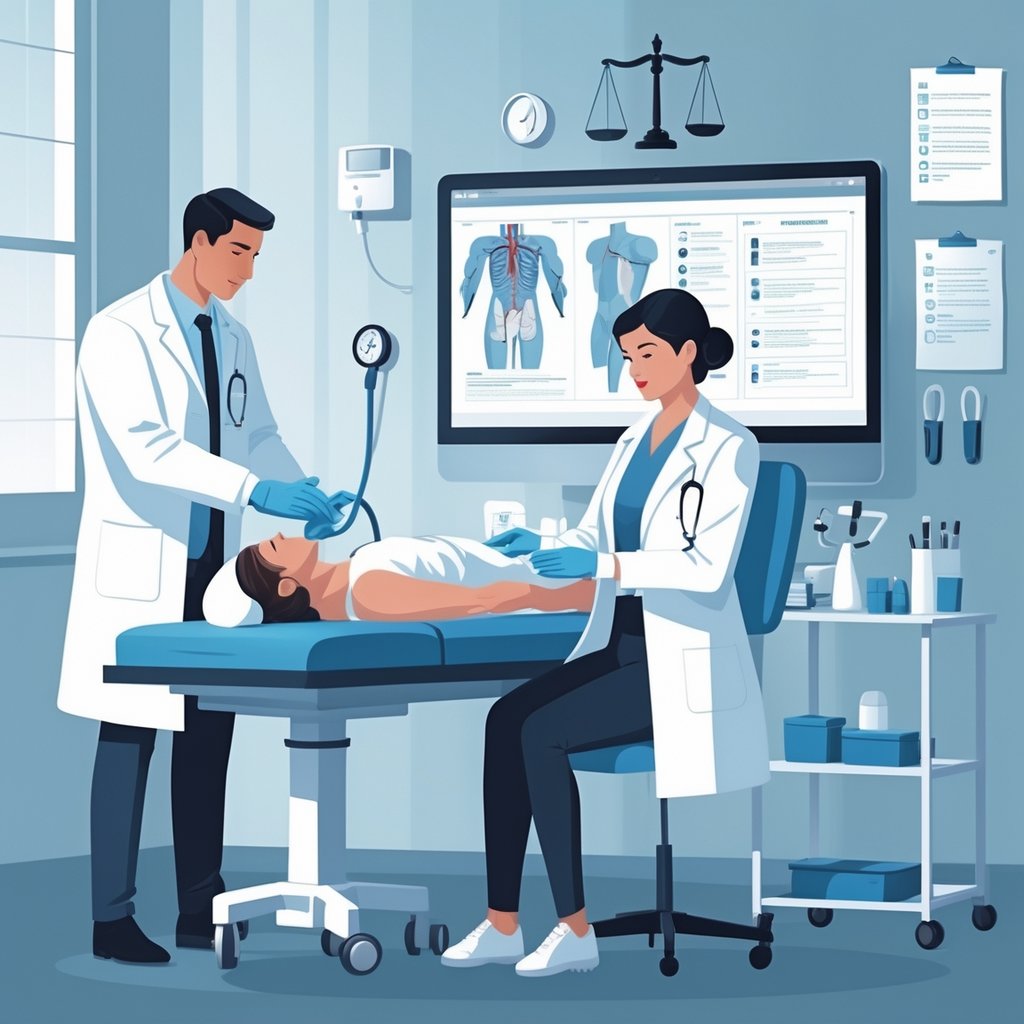 A medical examiner in a clinical room examines a patient on an examination table with medical instruments nearby and anatomical diagrams in the background.