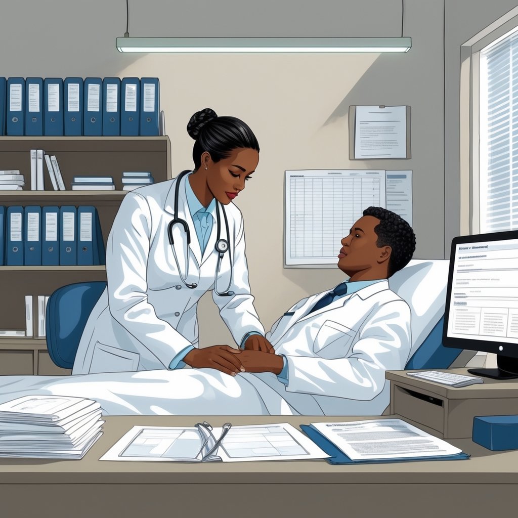 A medical professional examining a patient in a clinical room with medical charts, legal documents, and a computer displaying records nearby.