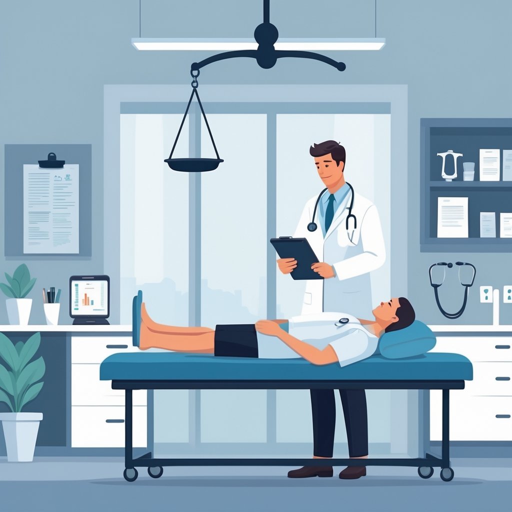 A doctor examining a patient in a medical room with medical instruments and a legal scale in the background.