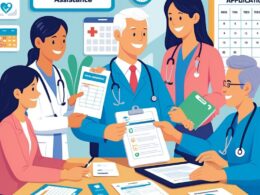 People sitting with a healthcare professional at a desk, exchanging documents related to applying for medical services in a medical office.
