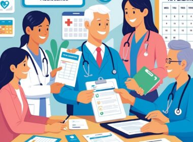 People sitting with a healthcare professional at a desk, exchanging documents related to applying for medical services in a medical office.