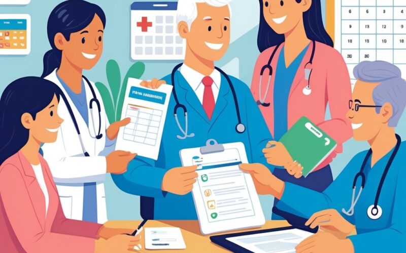 People sitting with a healthcare professional at a desk, exchanging documents related to applying for medical services in a medical office.