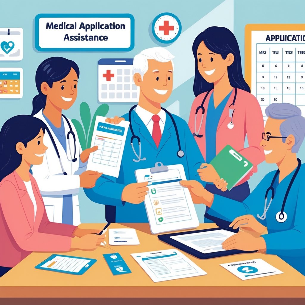 People sitting with a healthcare professional at a desk, exchanging documents related to applying for medical services in a medical office.