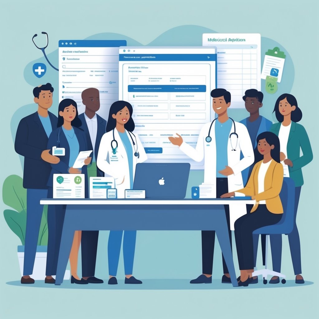 A healthcare professional explains medical application requirements to a diverse group of people gathered around a desk with documents and a laptop.