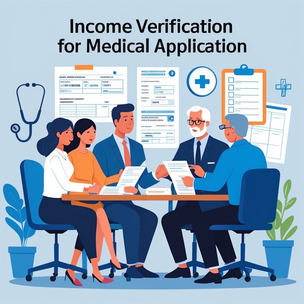 People sitting with a healthcare professional reviewing documents related to income verification for medical application in an office setting.