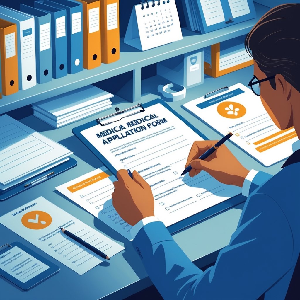 A person sitting at a desk filling out a medical application form surrounded by documents, a laptop, and organized shelves.