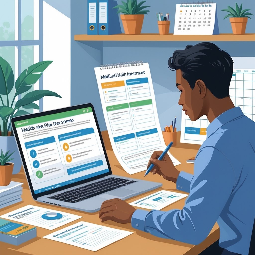 A person at a desk reviewing health plan documents with a laptop and checklist, preparing to apply for medical coverage.