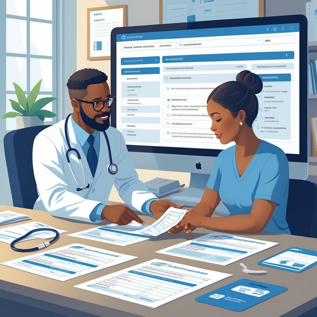 A healthcare administrator and a patient discussing medical forms at a desk in an office setting with a computer and medical items nearby.