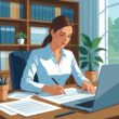 A person writing a will at a desk in a home office with legal books and a laptop nearby.