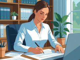 A person writing a will at a desk in a home office with legal books and a laptop nearby.