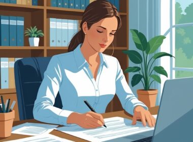 A person writing a will at a desk in a home office with legal books and a laptop nearby.