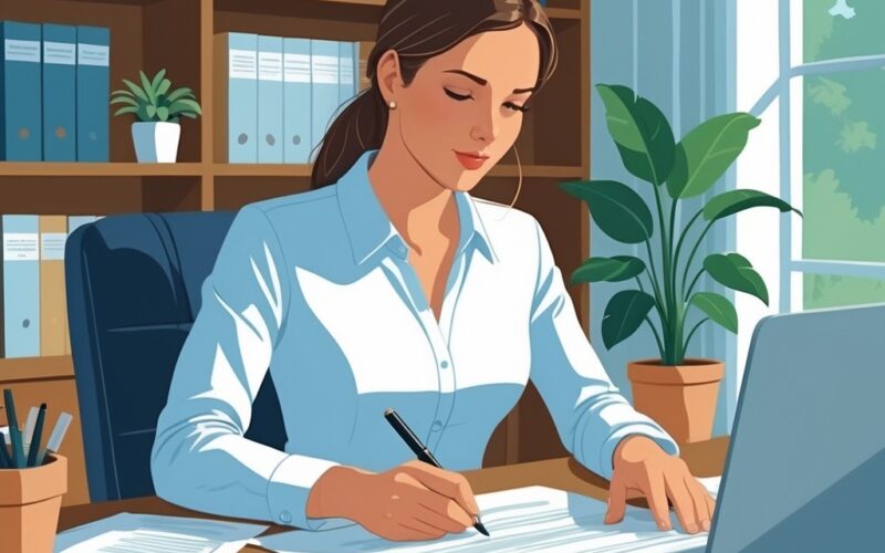 A person writing a will at a desk in a home office with legal books and a laptop nearby.