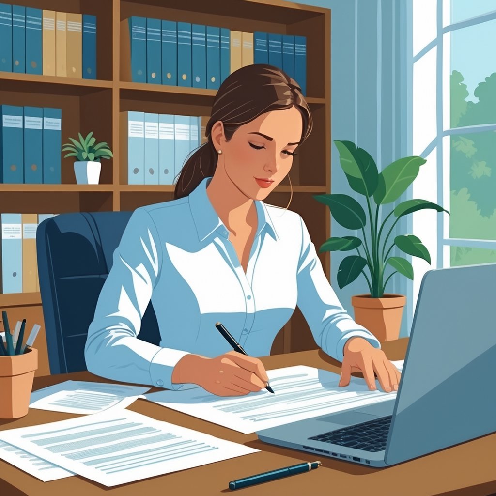 A person writing a will at a desk in a home office with legal books and a laptop nearby.