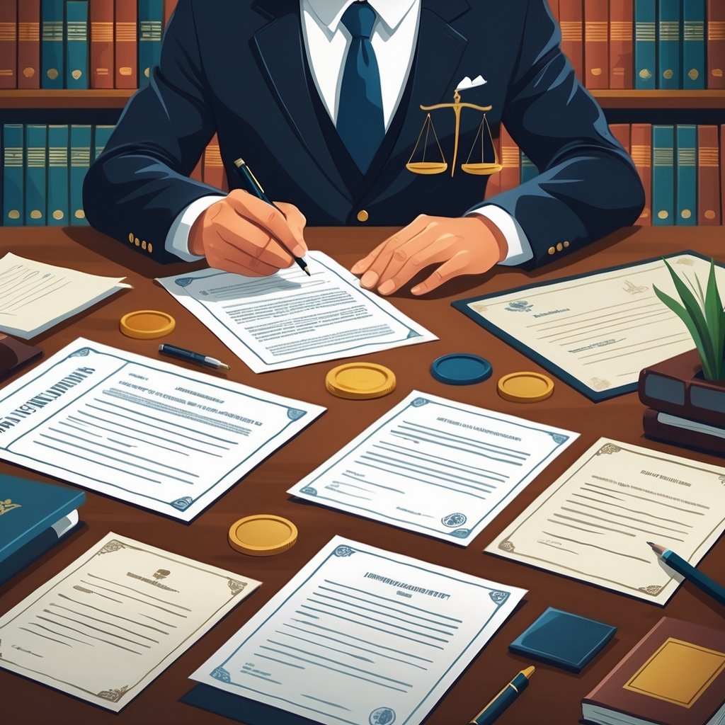 A person reviewing various homemade will documents on a desk with legal symbols and a scale of justice in the background.