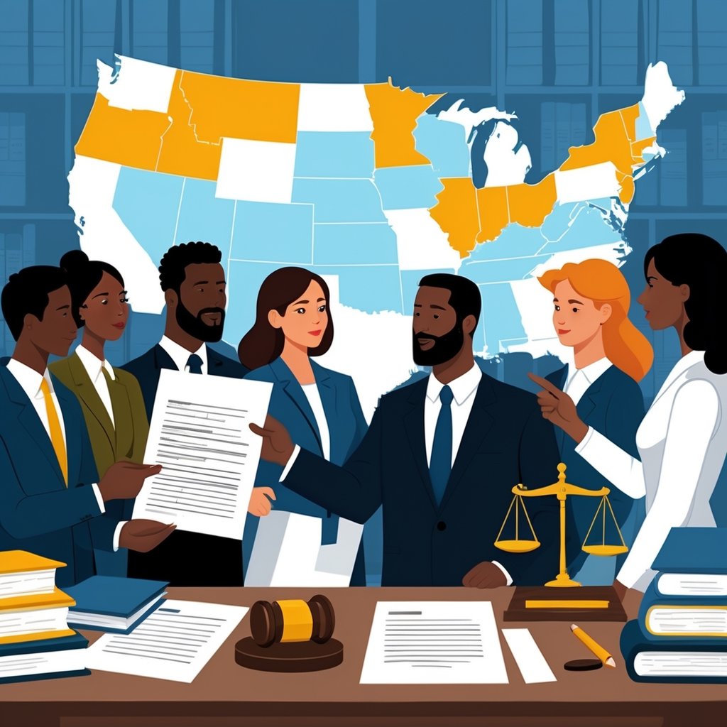 People discussing a handwritten will in a law office with a map of the United States showing different states, legal books, a gavel, and scales of justice on a desk.