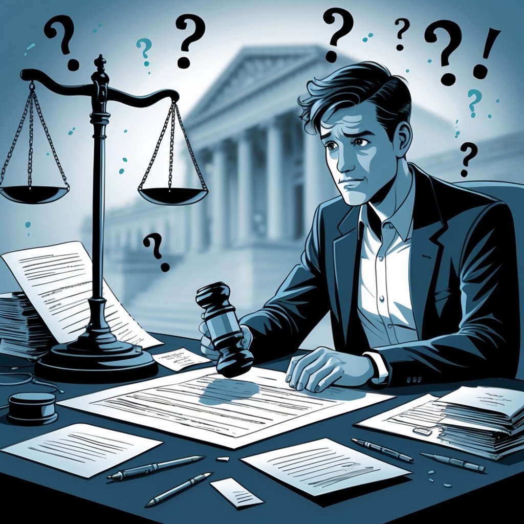 A person sitting at a desk with handwritten documents and a partially completed will, looking confused, with symbols of justice like a scale and gavel nearby, and a courthouse in the background.