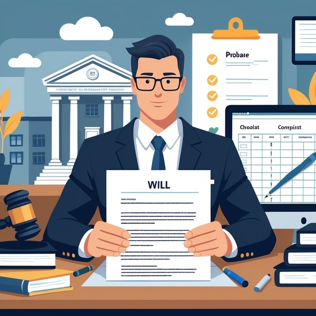 A legal professional reviews a handwritten will at a desk with a courthouse, gavel, and checklist nearby, illustrating the probate process for homemade wills.