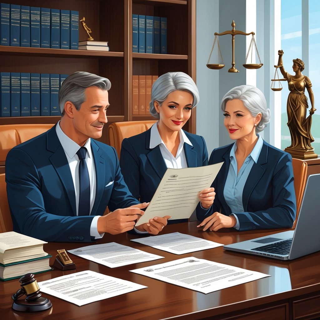A lawyer explains legal documents to a couple holding a handwritten will in a modern office with law books and legal symbols.