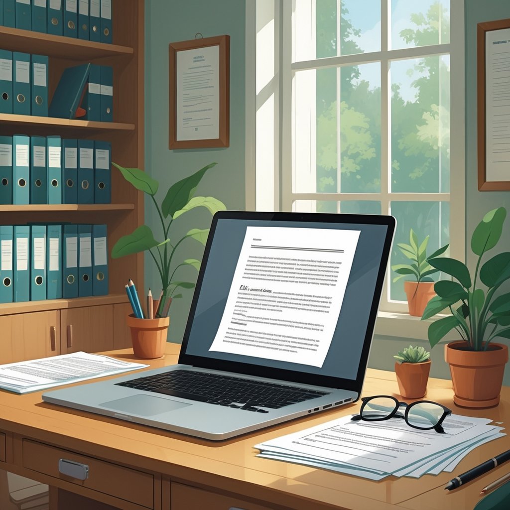 A home office with a desk holding legal documents, a laptop, reading glasses, and a bookshelf with law books in the background.