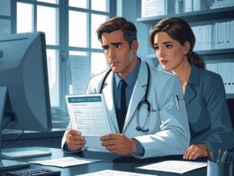 A doctor and a patient in a medical office discussing a medical certificate with a visible date.