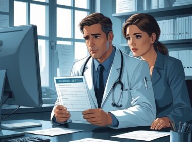A doctor and a patient in a medical office discussing a medical certificate with a visible date.