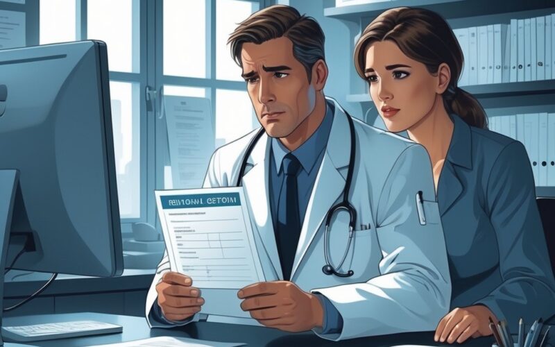 A doctor and a patient in a medical office discussing a medical certificate with a visible date.