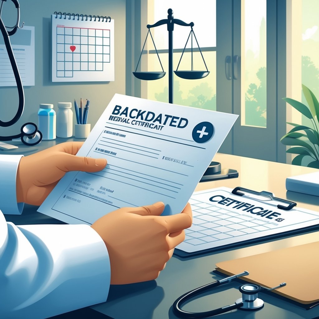 A doctor's hand holding a medical certificate with a calendar showing an earlier date in the background, set in a medical office.