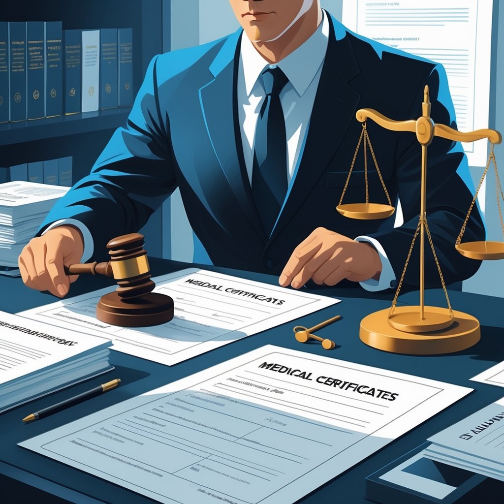 A lawyer reviewing medical certificates with a gavel and scales of justice on the desk in a professional office setting.