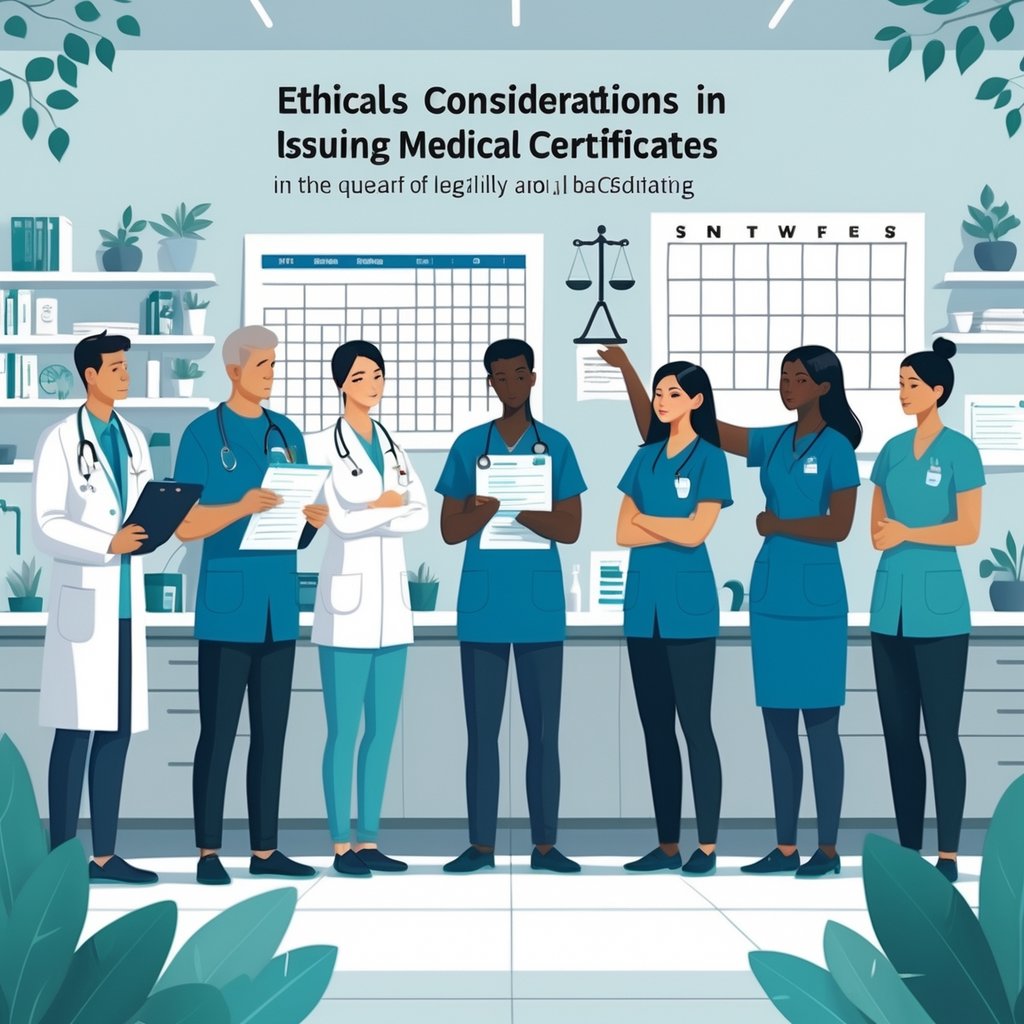 A group of medical professionals in a clinic discussing medical documents and a calendar, with symbols of law and ethics in the background.