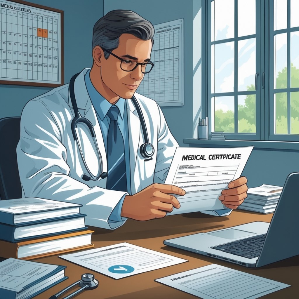 A doctor reviewing medical documents at a desk in a medical office with a calendar and medical charts visible.