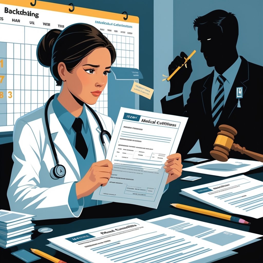 A medical professional examining a dated medical certificate while a legal authority reviews documents nearby, with symbols representing warnings and legal consequences.