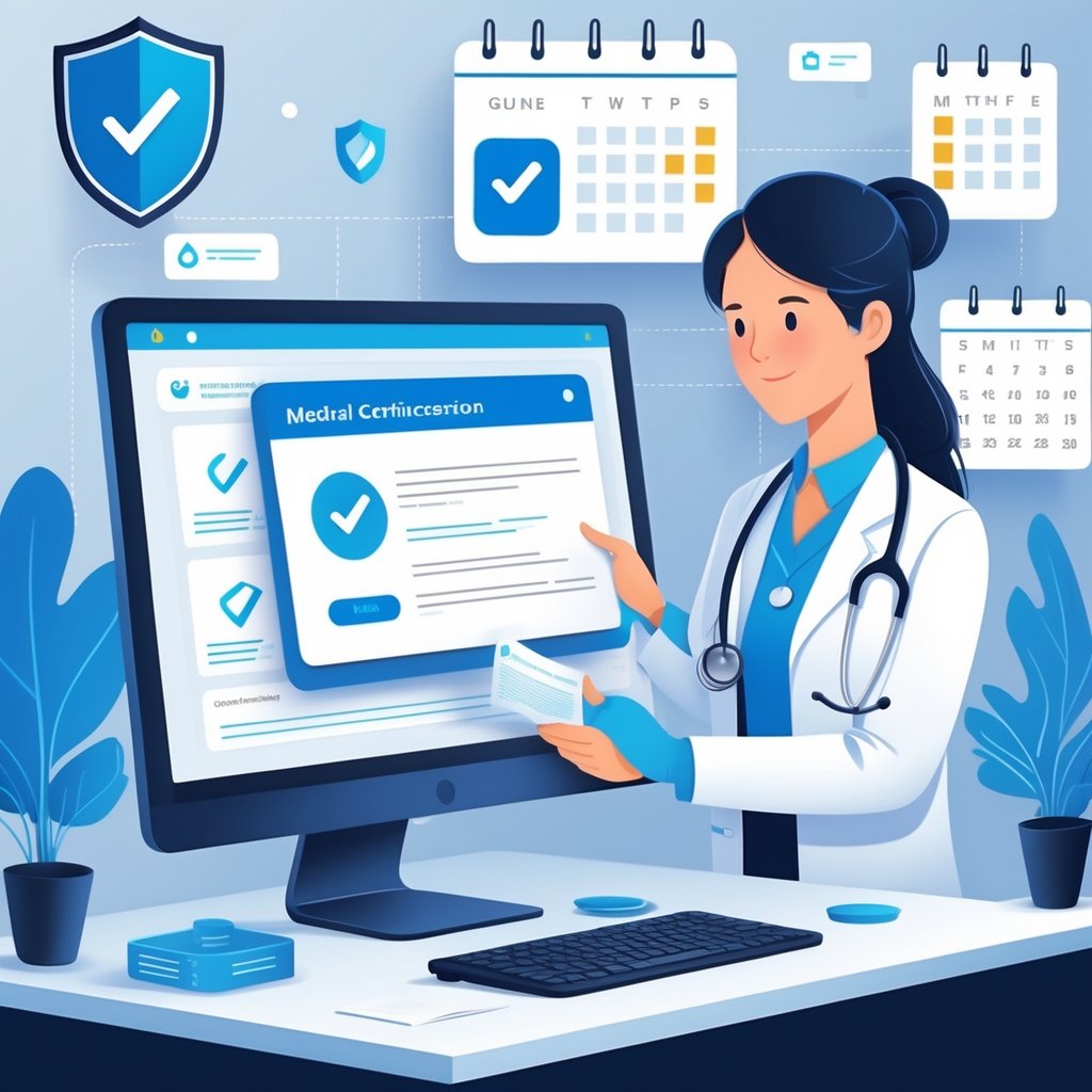 A healthcare professional reviews a medical certificate on a computer screen with verification icons and a calendar nearby, symbolizing online medical certificate verification and compliance.