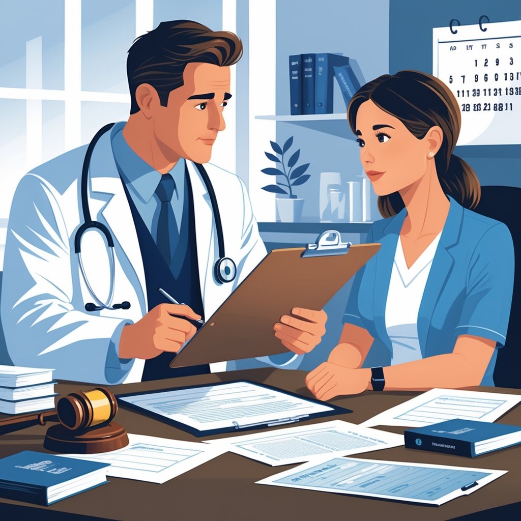 A person consulting a medical professional in a clinic with documents and a calendar on the desk.