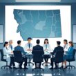 A group of medical and legal professionals sitting around a conference table reviewing documents with a map of Montana on the wall behind them.